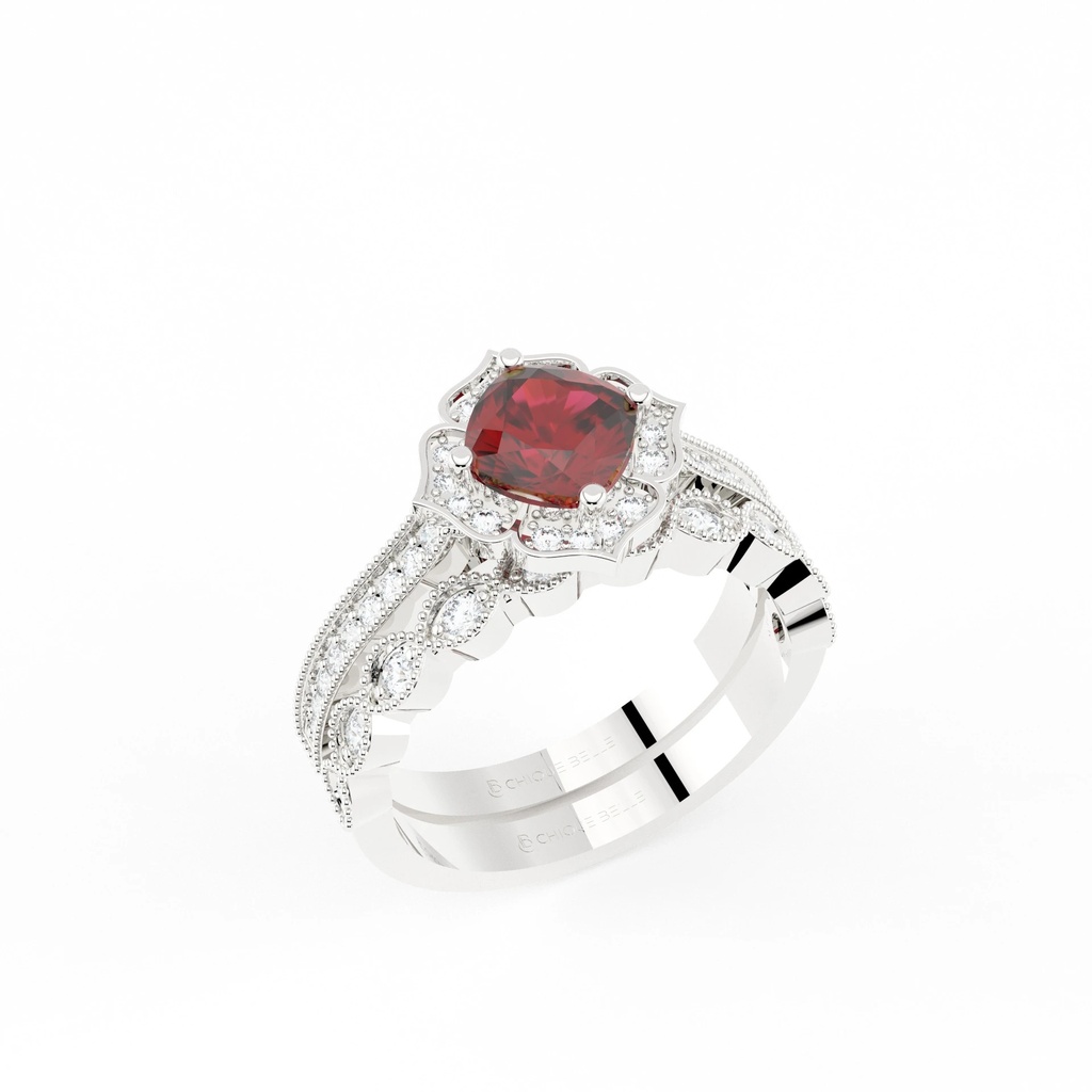 Cushion Cut Ruby and Diamond Ring with Half Eternity Band