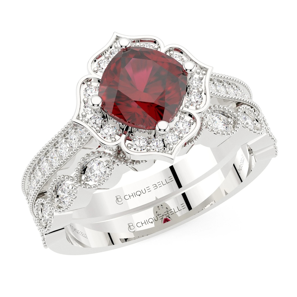 Cushion Cut Ruby and Diamond Ring with Half Eternity Band