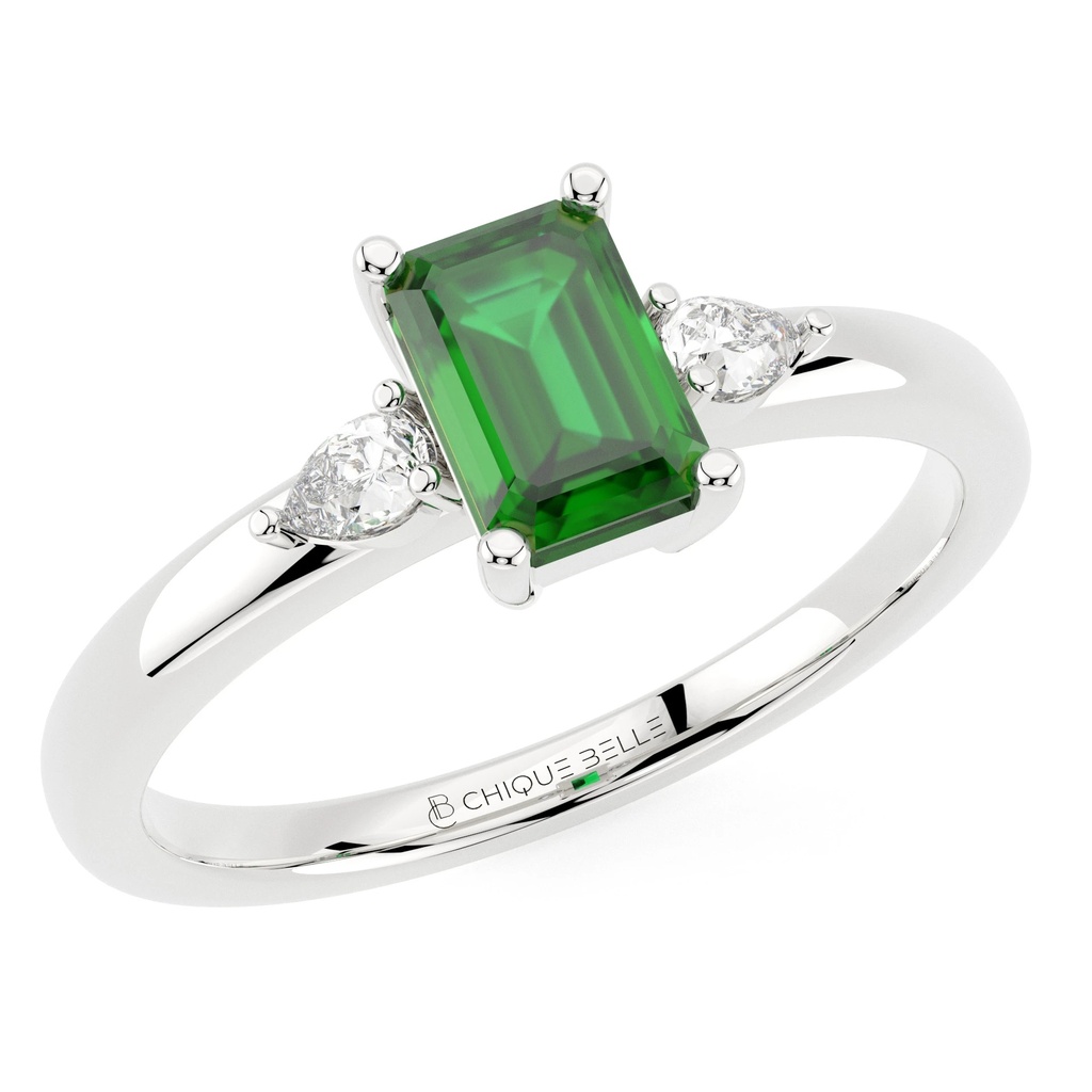 Emerald with Pear Shaped Diamond Trio Ring