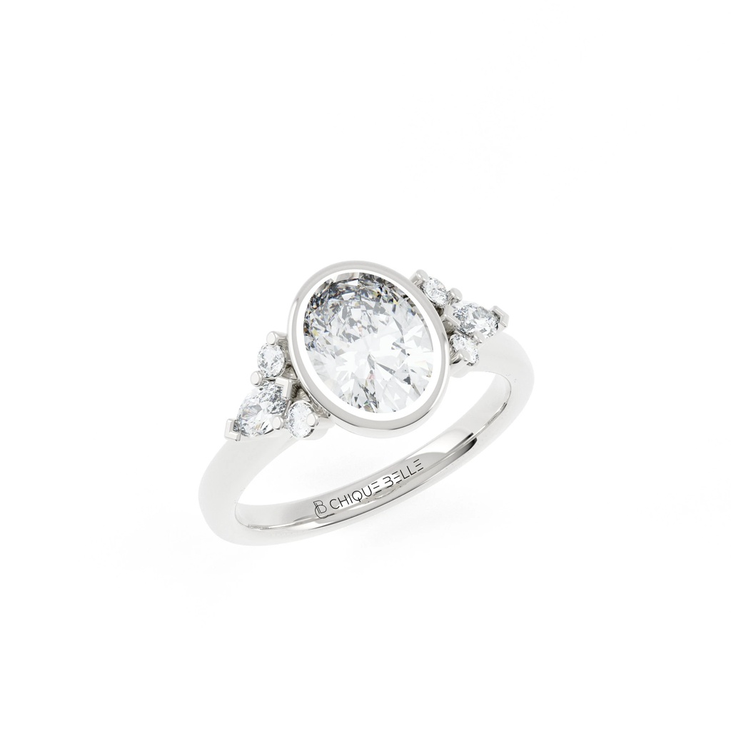 Oval Diamond Bazel Set Diamond Ring with Pear and Round Sidestones