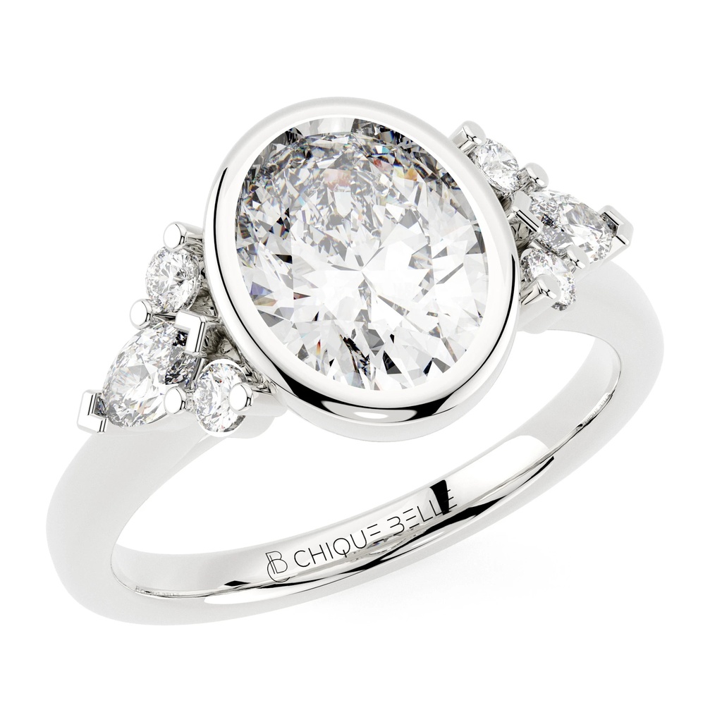Oval Diamond Bazel Set Diamond Ring with Pear and Round Sidestones