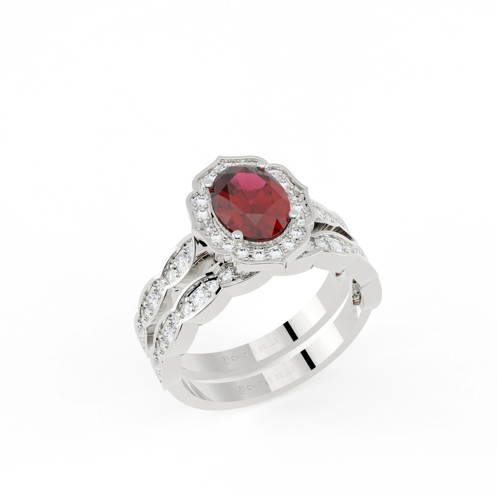 Oval Ruby and Diamond Ring with Half Eternity band with multisize Diamonds