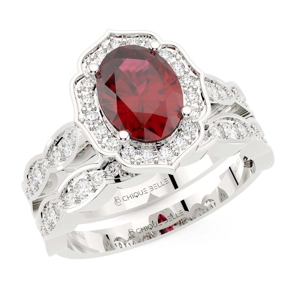 Oval Ruby and Diamond Ring with Half Eternity band with multisize Diamonds