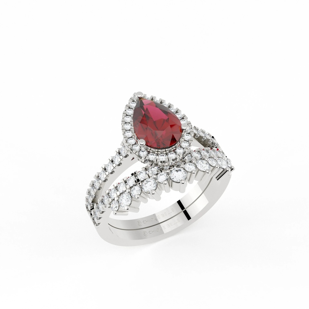 Pear Shaped Ruby Diamond Ring with Two Step Half Eternity Band