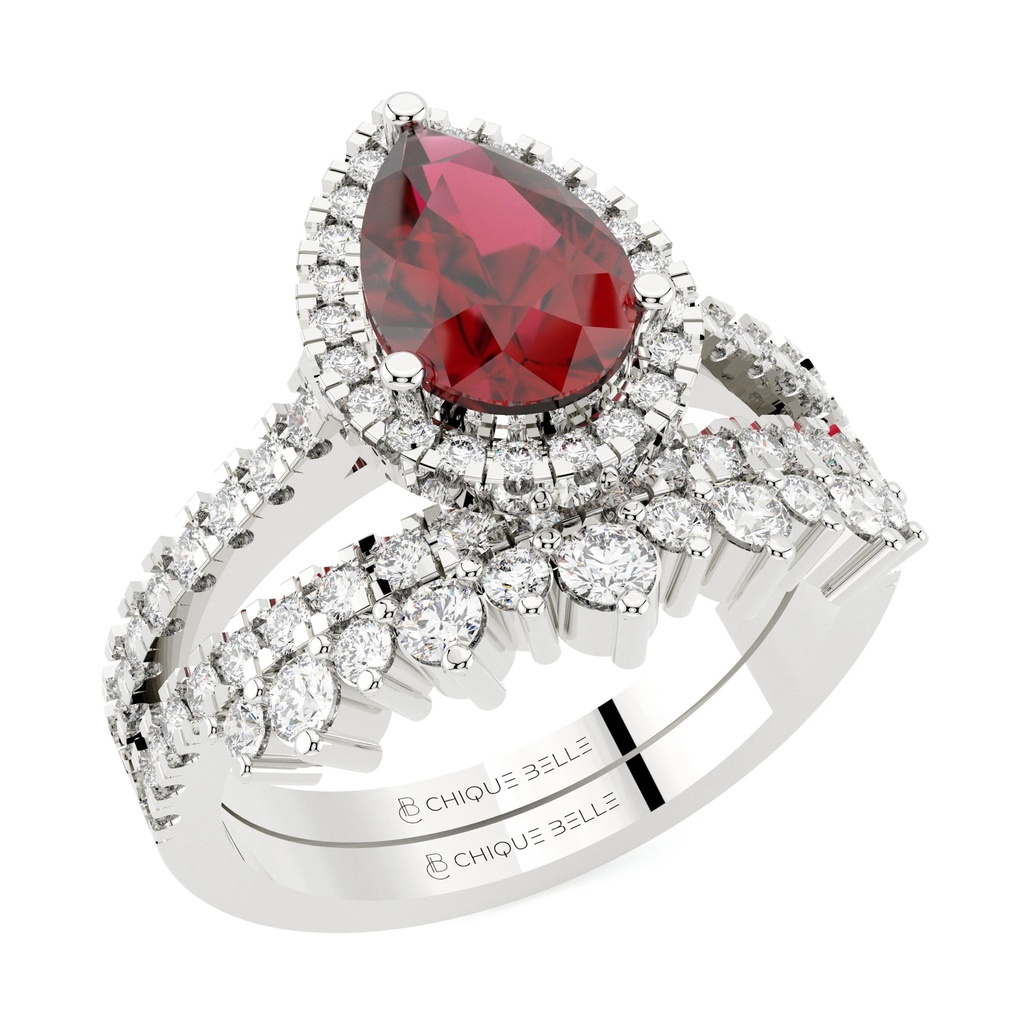 Pear Shaped Ruby Diamond Ring with Two Step Half Eternity Band