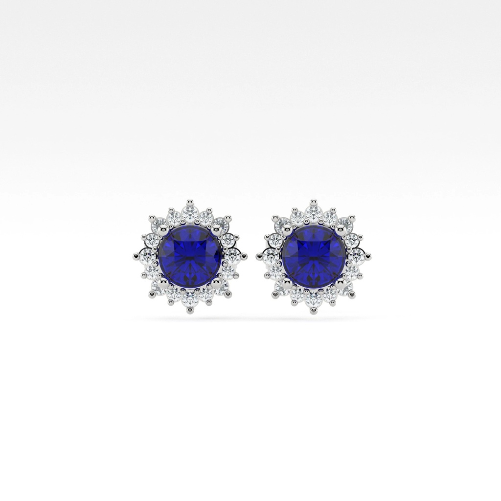 Round Blue Sapphire Floral Halo Diamond Ear Studs