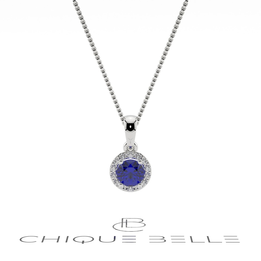 Round Blue Sapphire Diamond Halo Pendant