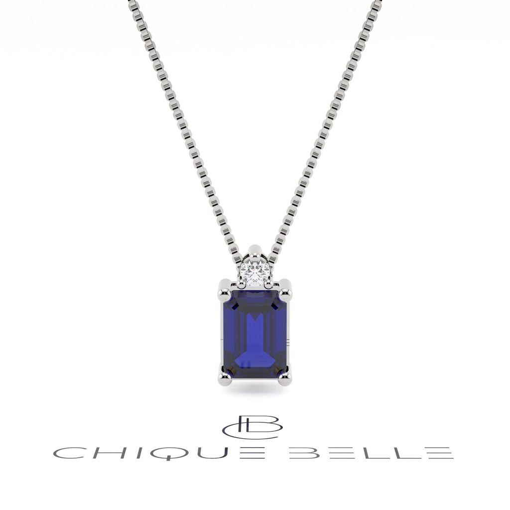 Emerald Shape Blue Sapphire Diamond Pendant with Necklace