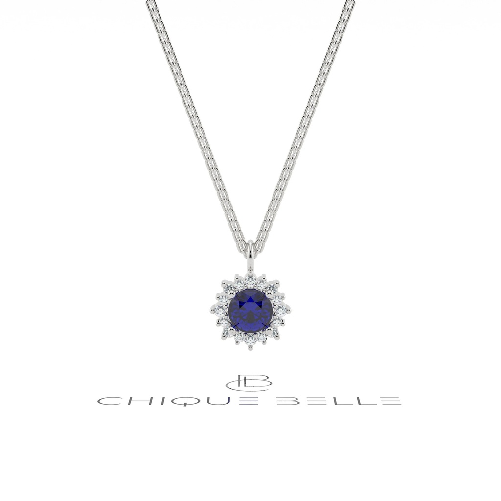 Round Blue Sapphire with Floral Diamond Pendant