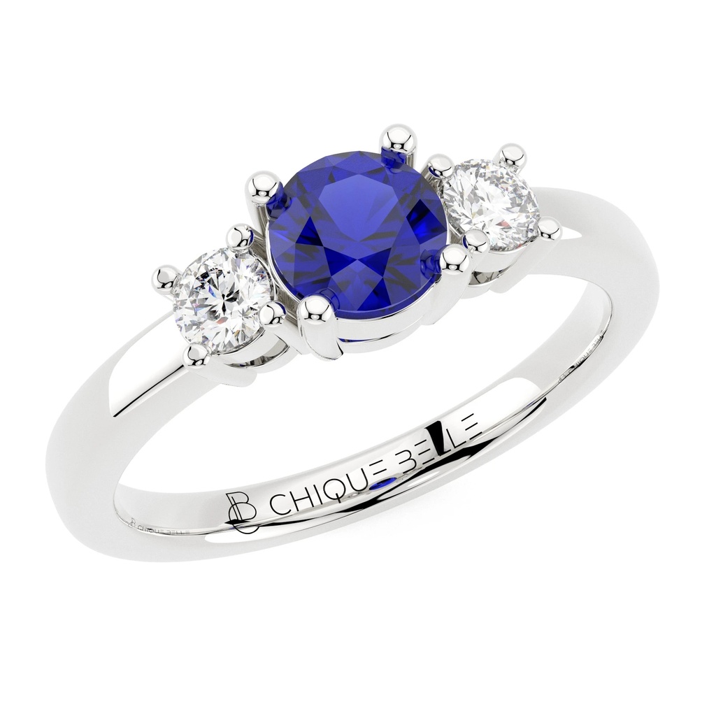 Round Blue Sapphire with Adjacent Diamonds Ring