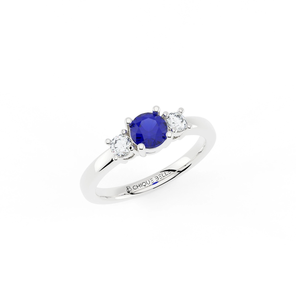 Round Blue Sapphire with Adjacent Diamonds Ring